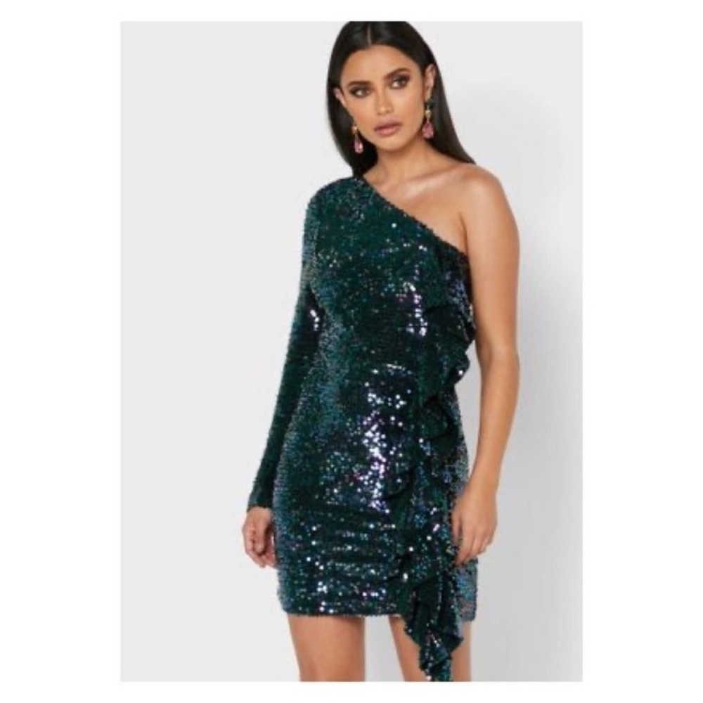 Lavish Alice Sequined one shoulder Dress with waterfall Trim
